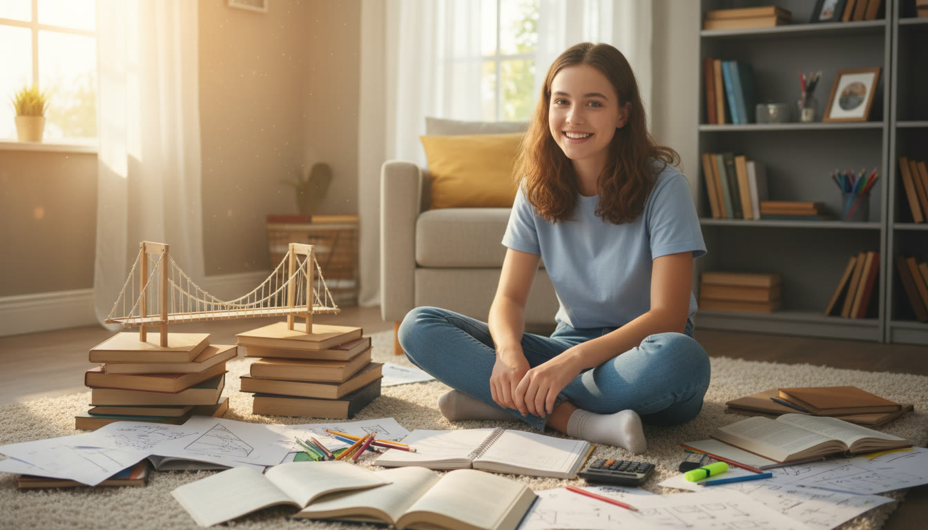 Photo Idea : A student surrounded by IB notes, a calculator, and a small model bridge they built