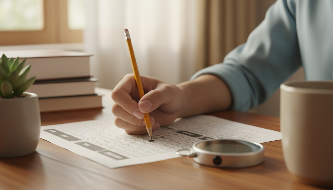 Photo Idea : Close-up of a student’s hand carefully darkening an OMR bubble with a pencil and a stopwatch beside it