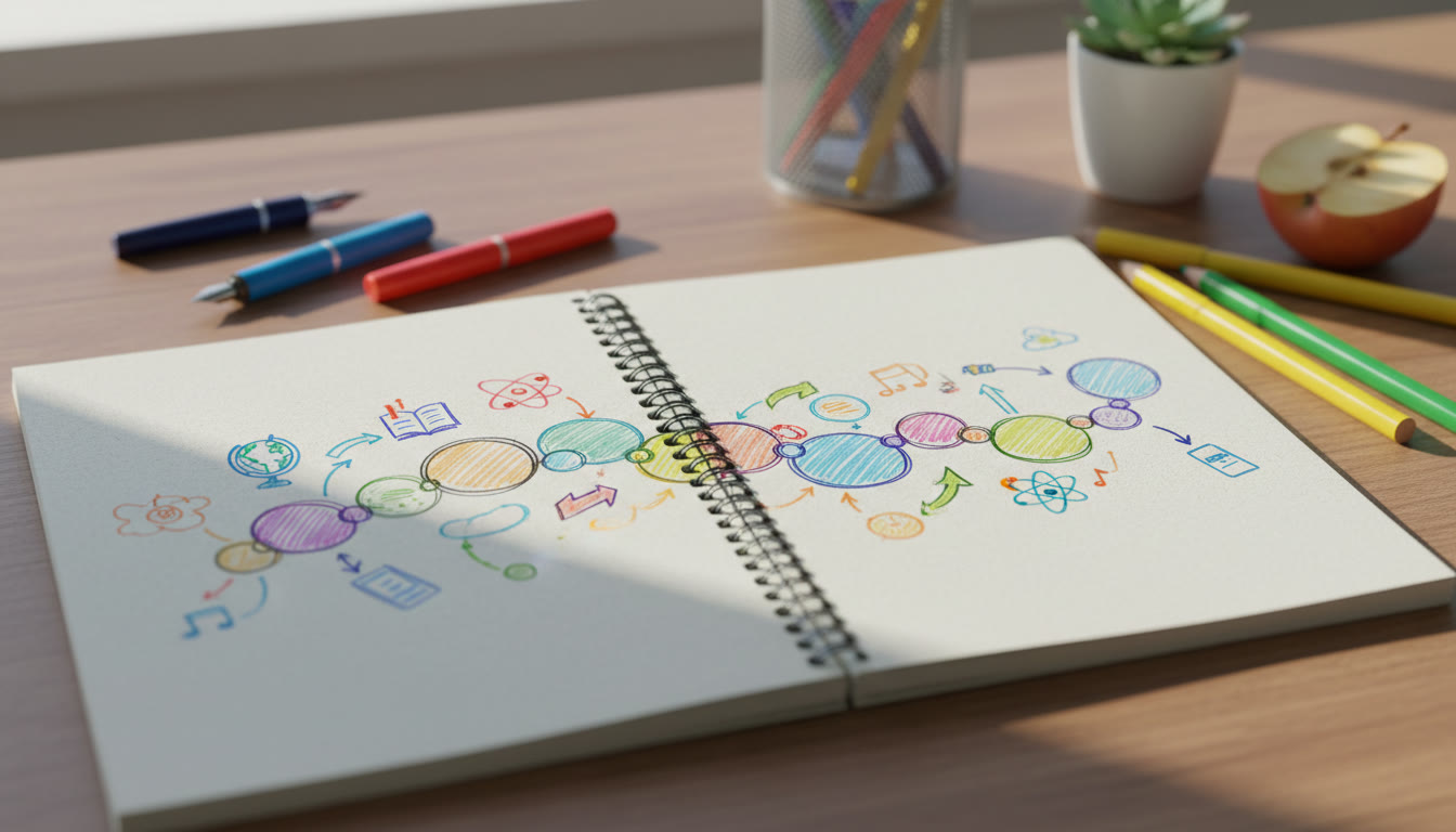 Photo Idea : A notebook open with a colorful timeline sketched across two pages, pens nearby