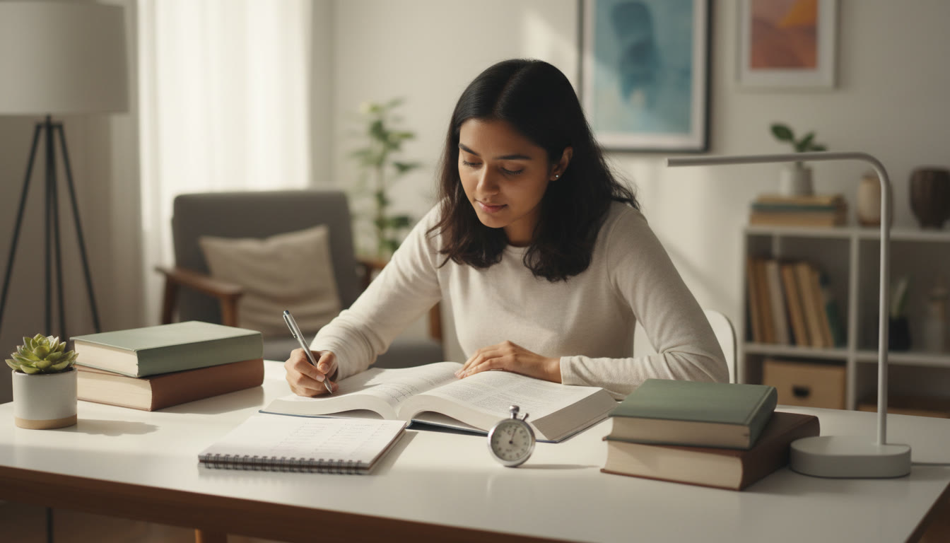 Photo Idea : A focused student at a tidy desk with NEET books, a stopwatch, and a neat checklist