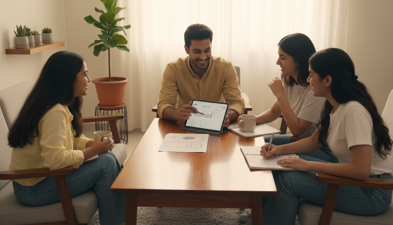Photo Idea : A small group session with a tutor reviewing an error log and a mock test analysis on a table