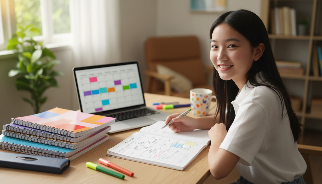 Photo Idea : A student at a neat desk with several IB past paper booklets, a notebook open to a calendar, and a laptop showing a study timetable