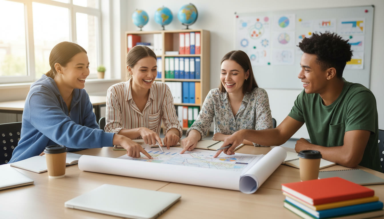 Photo Idea : A small group of students in discussion around a classroom table, pointing to a printed source