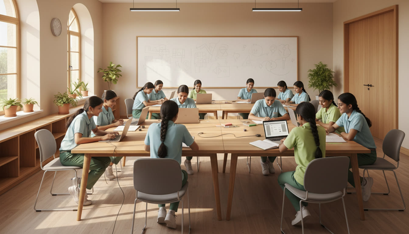 Photo Idea : A bright classroom with students working together on a project, notebooks and laptops visible