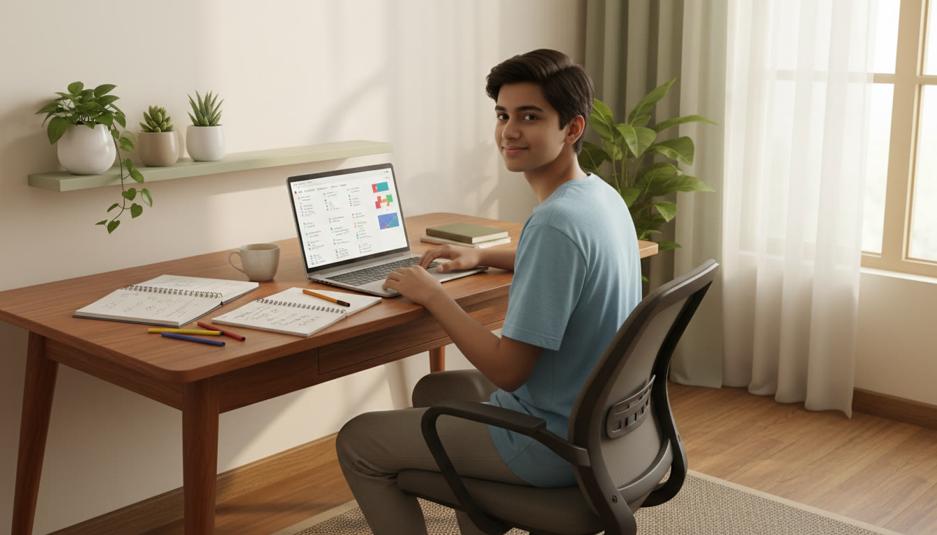 Photo Idea : Student focused at a study desk with a laptop showing a full-length mock test and open notebooks