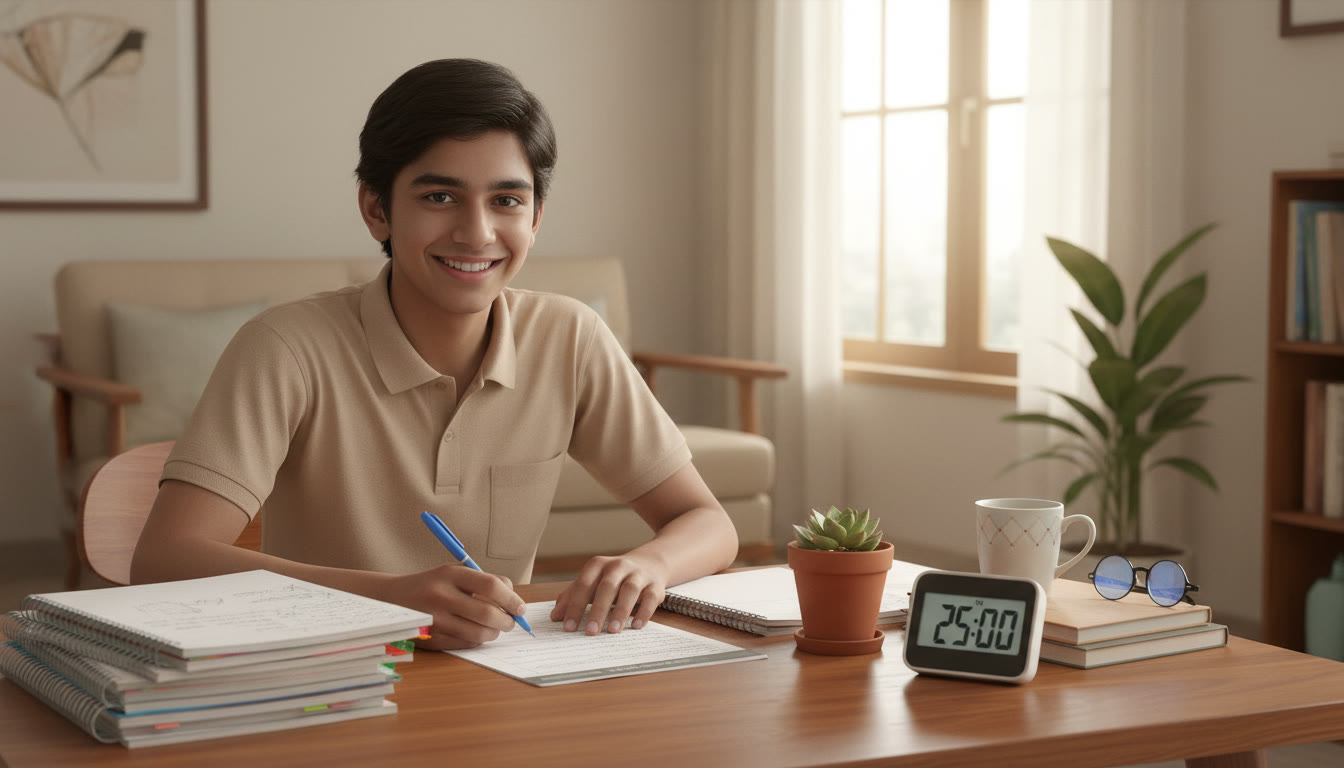 Photo Idea : Student at a study table, neatly arranged notes, a timer, and a pen poised over an answer sheet