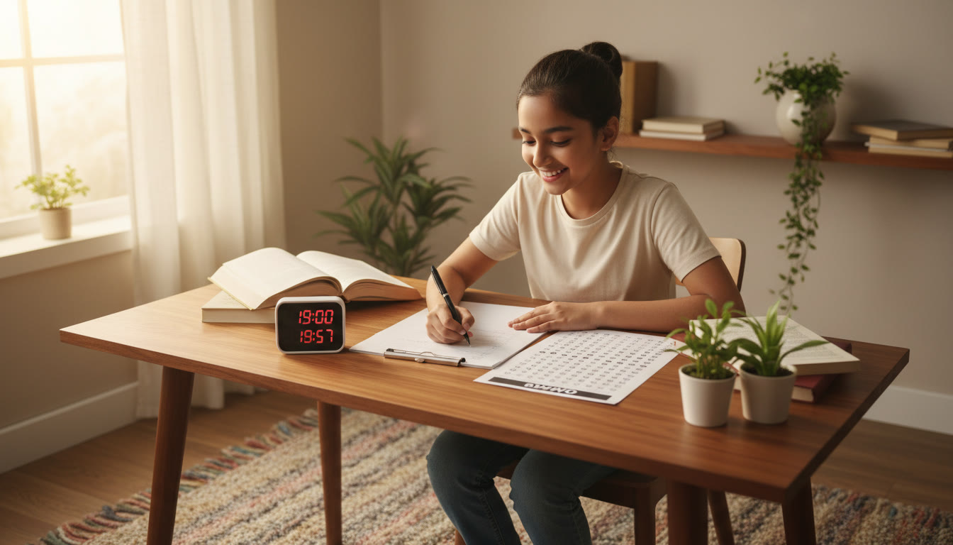 Photo Idea : A student practicing under timed conditions with a desk timer and a mock OMR sheet visible