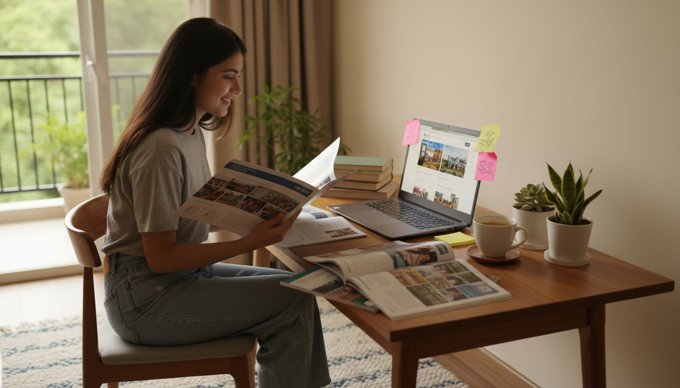 Photo Idea : A student at a desk, comparing college brochures and a laptop, with sticky notes and a cup of tea.