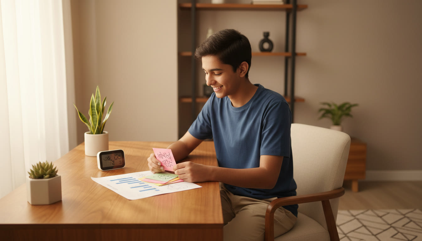 Photo Idea : Student reviewing a small stack of flash notes beside a timed mock test printout