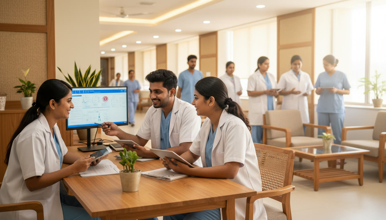 Photo Idea : A small group of students in scrubs discussing patient cases at a busy teaching hospital ward.
