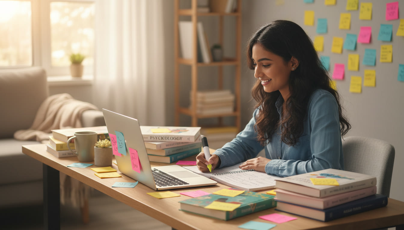 Photo Idea : Student at a desk surrounded by psychology books, sticky notes, and a laptop
