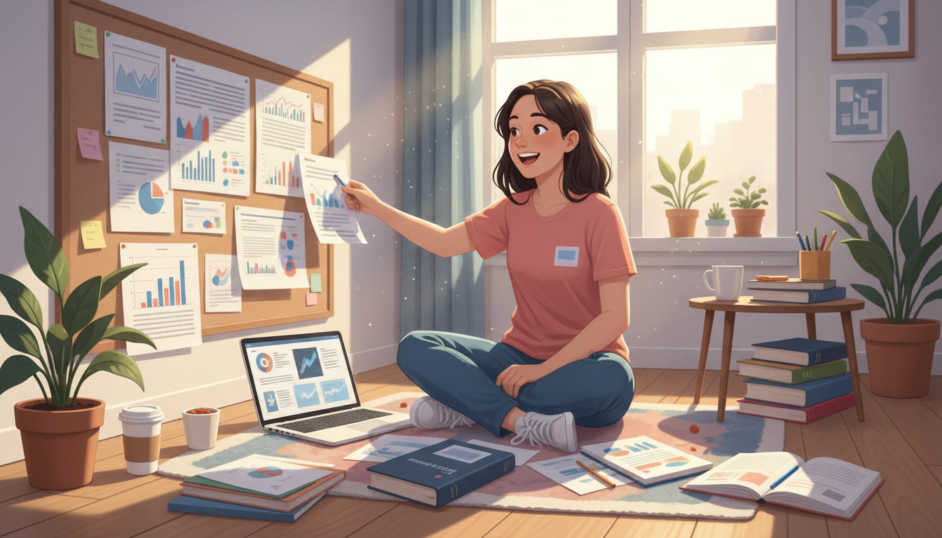 Photo Idea : A single student creating a research poster from their Extended Essay materials, surrounded by books and a laptop