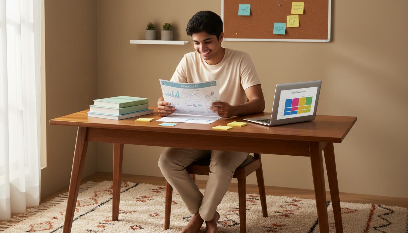 Photo Idea : A focused student at a tidy desk with ISC textbooks, sticky notes, a printed NEET mock test, and a laptop displaying a study plan