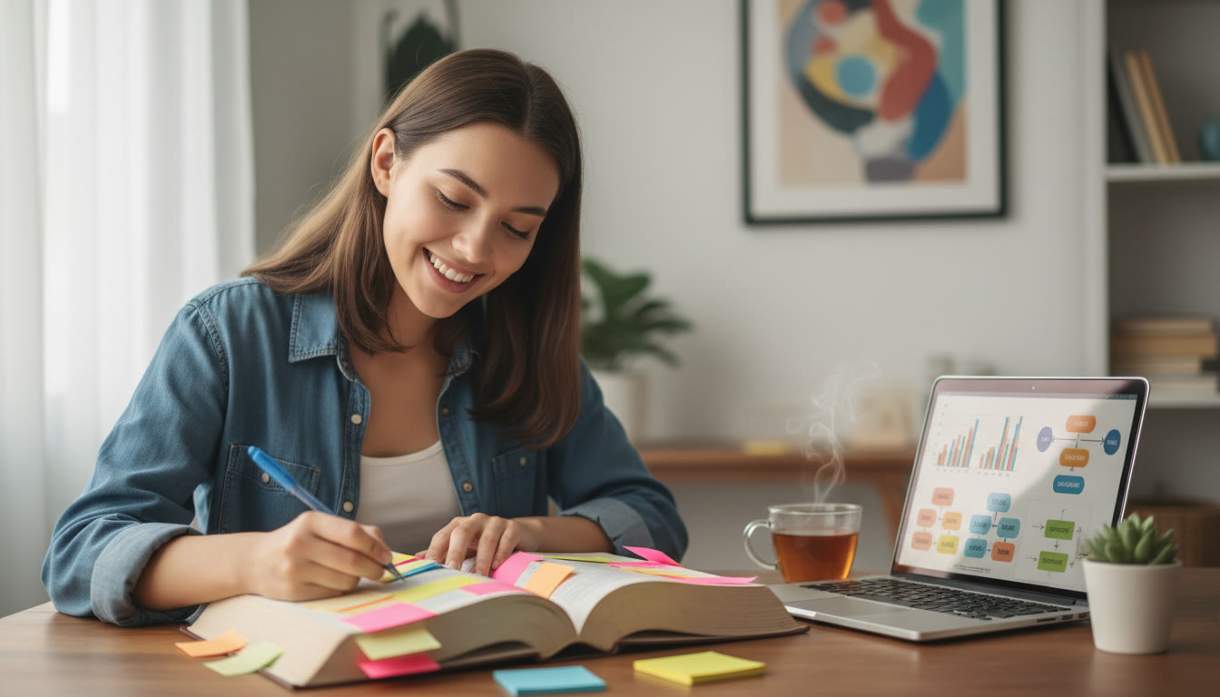 Photo Idea : Student annotating a psychology textbook with colorful sticky notes beside a laptop