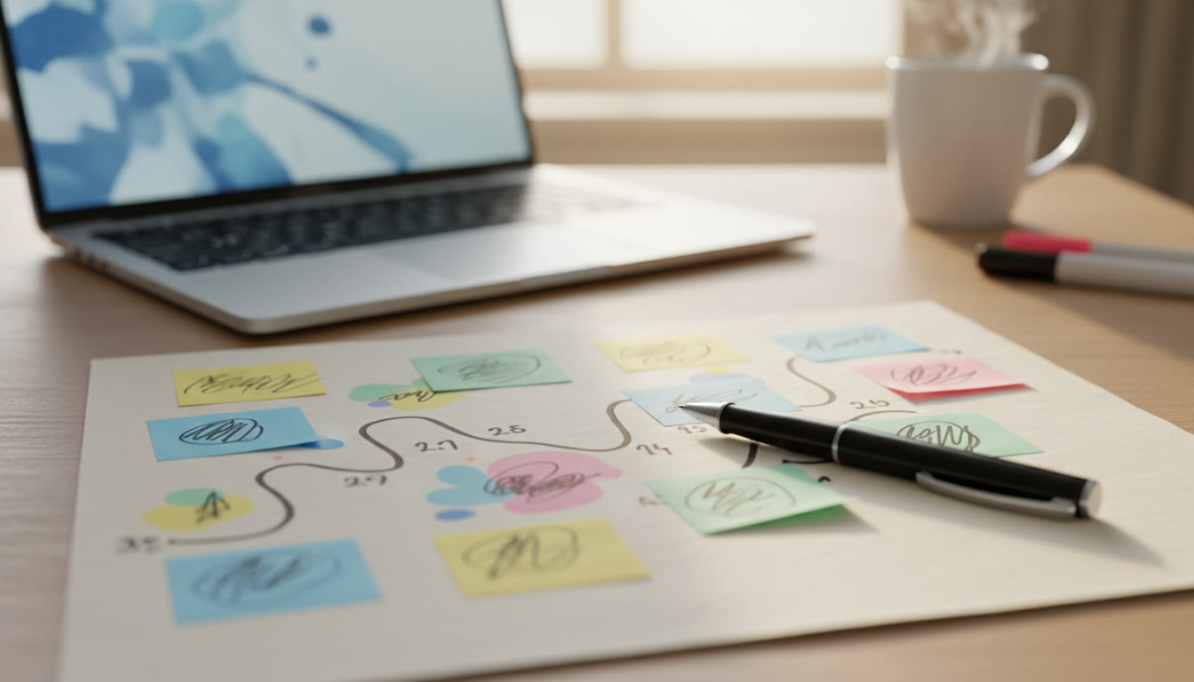 Photo Idea : Close-up of a revision timeline on paper with sticky notes, a pen, and a laptop