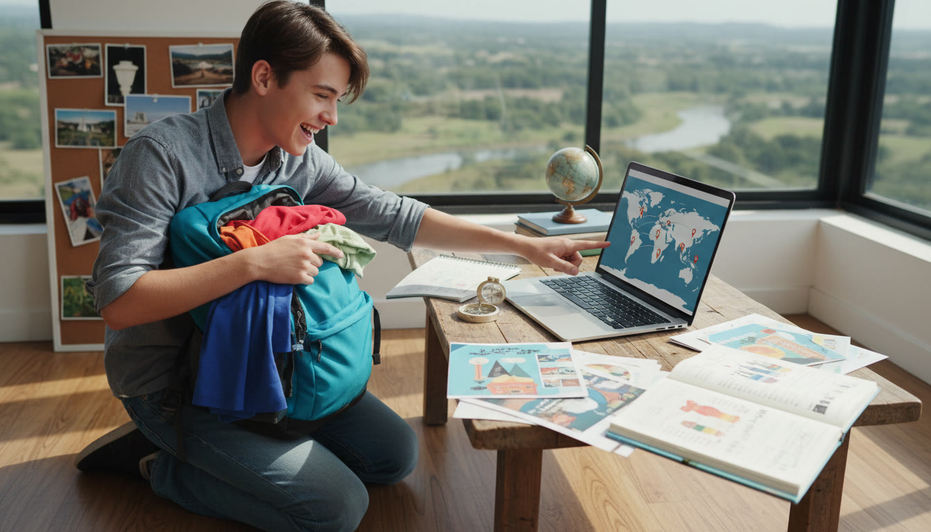 Photo Idea : Young person packing a backpack beside a laptop and notes, planning a gap year itinerary
