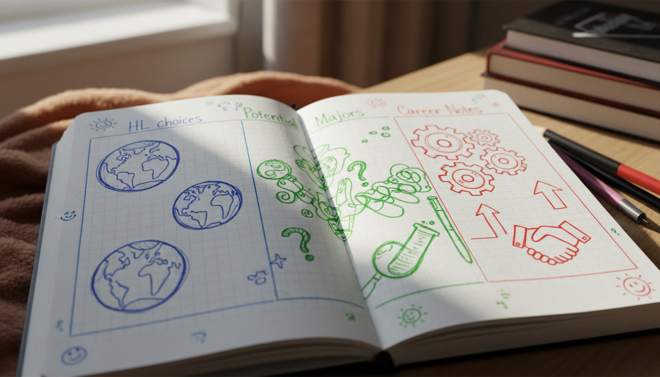 Photo Idea : Close-up of a student’s notebook with columns showing HL choices, potential majors and career notes