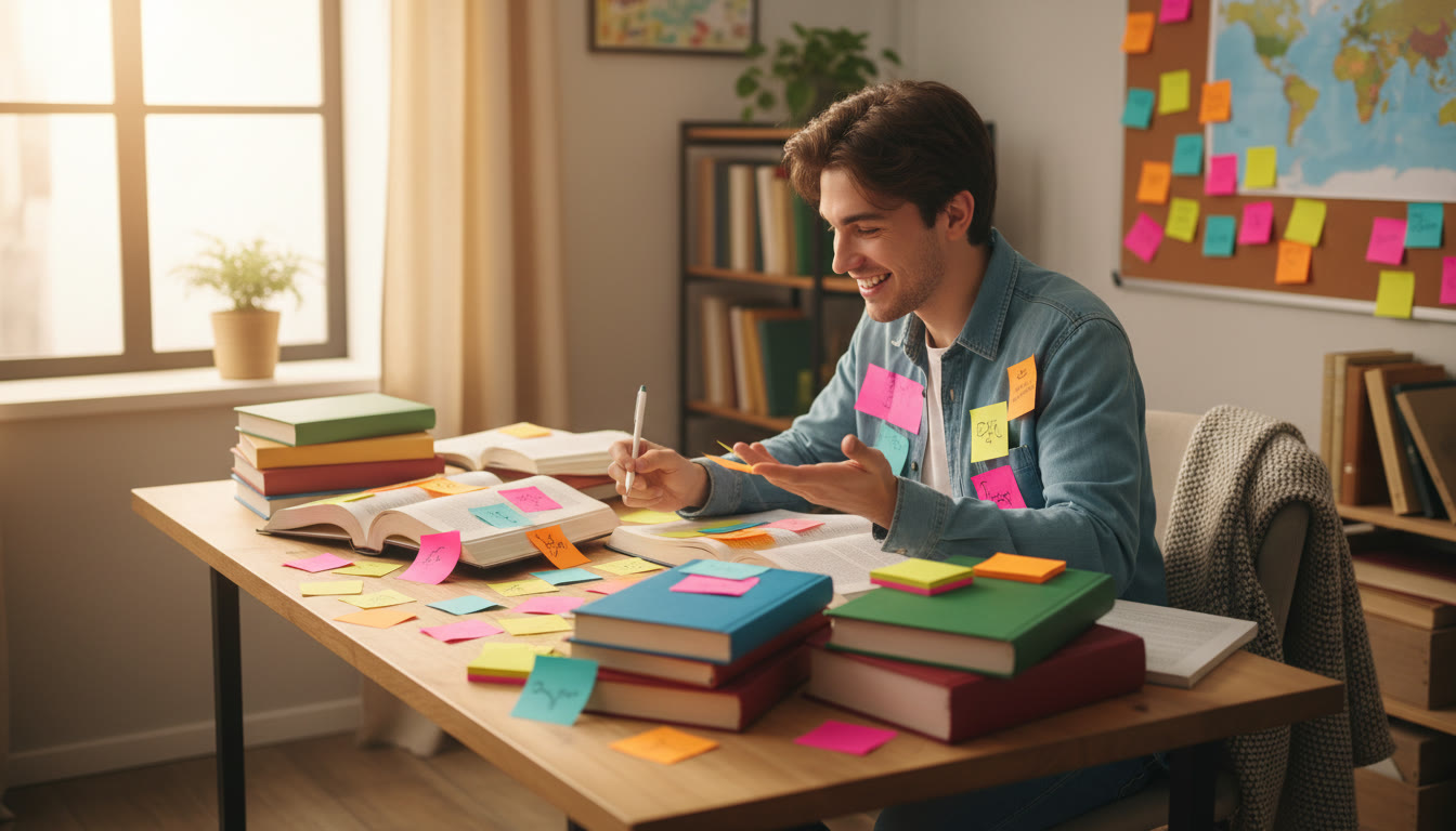 Photo Idea : a student at a desk surrounded by IB textbooks and colorful sticky notes