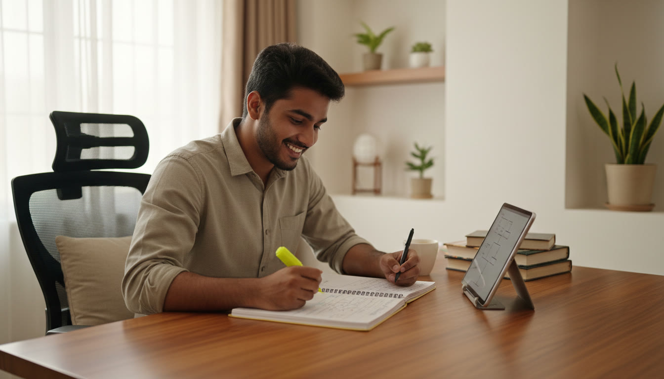 Photo Idea : Focused student with a notebook and highlighter reviewing an error log at a desk