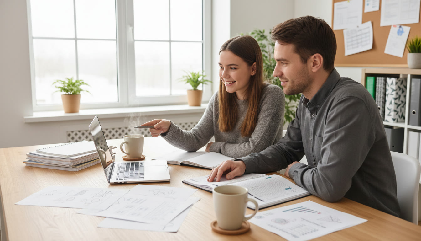 Photo Idea : Student and school counsellor reviewing notes and a laptop at a bright desk