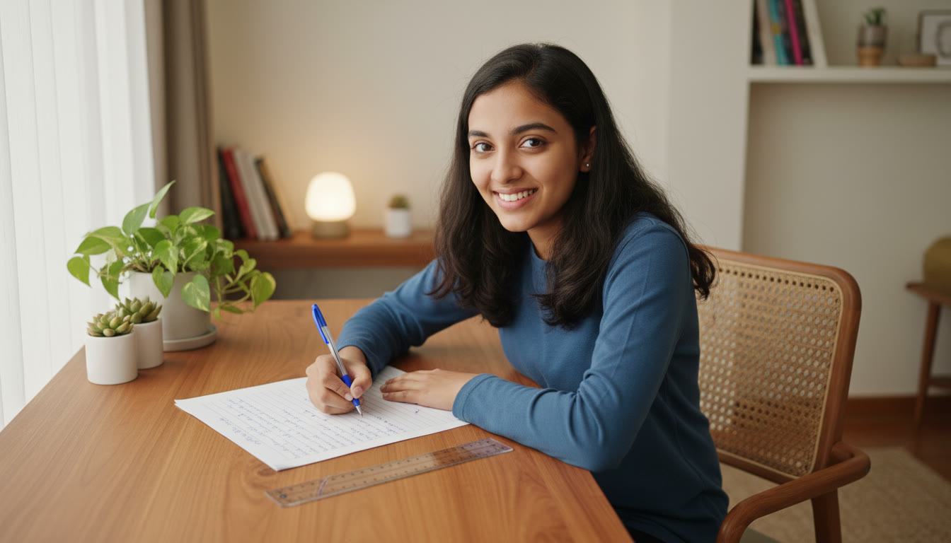 Photo Idea : Student writing an answer sheet at a desk with neat handwriting and a ruler