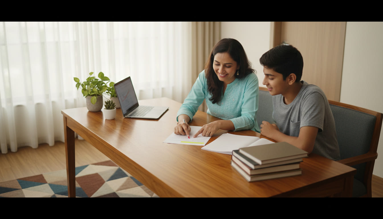 Photo Idea : A tutor guiding a student over an answer script, pointing at highlighted points and corrections