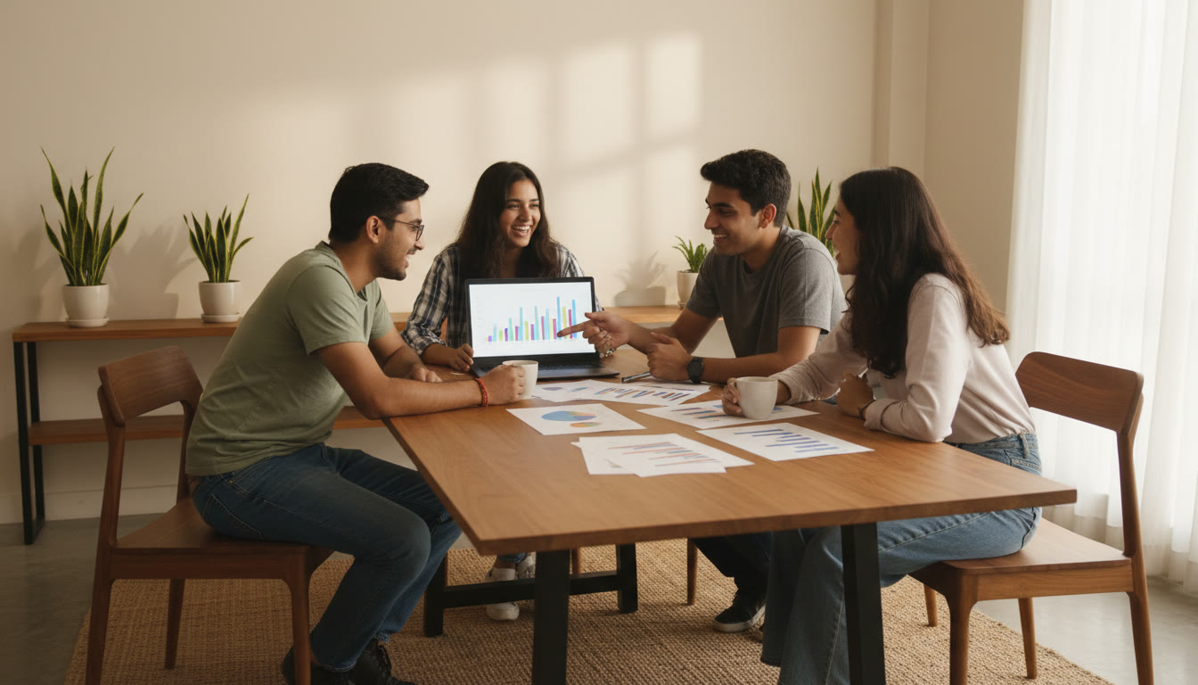 Photo Idea : A collaborative lab meeting showing students discussing data on a laptop and printed charts