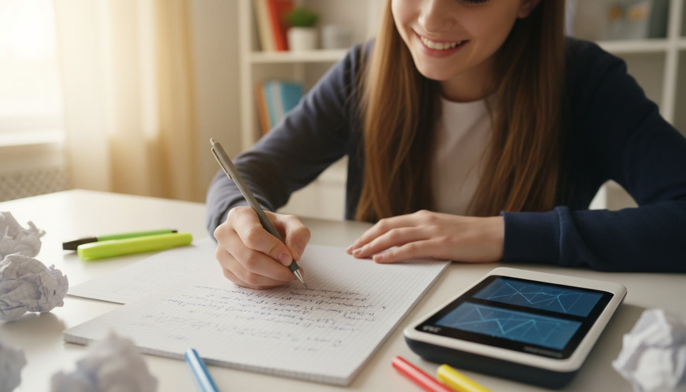 Photo Idea : Close-up of a student working through calculus problems on paper with a graphing calculator beside them