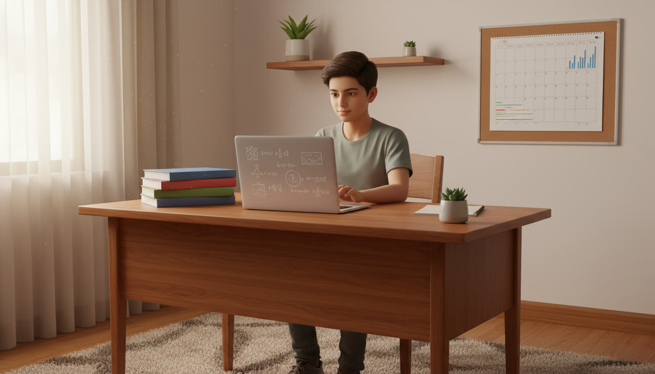 Photo Idea : A focused student at a desk with Physics, Chemistry and Mathematics books, a laptop showing equations, and a wall calendar marked with a two-year plan