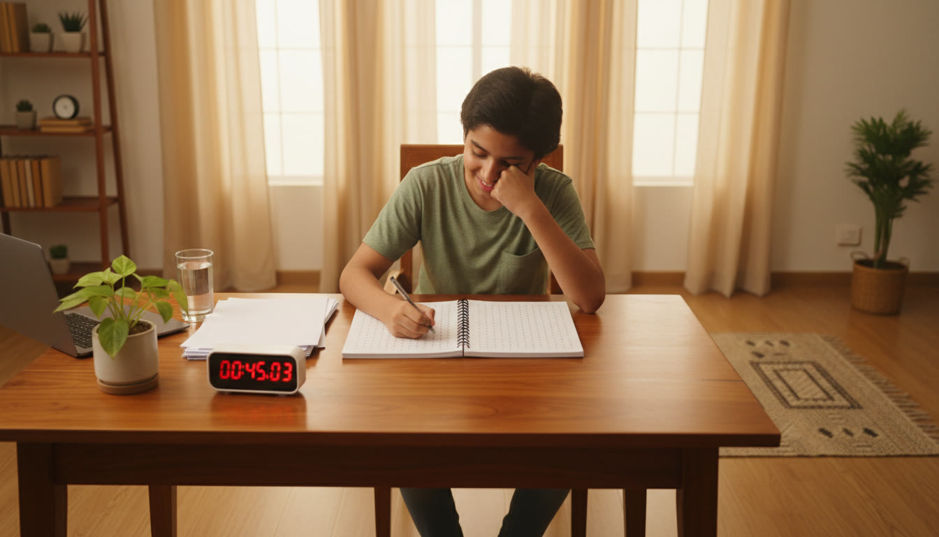 Photo Idea : A student doing a timed mock test at a desk with a visible timer and answer sheet