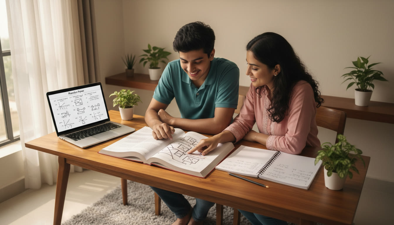 Photo Idea : A student and a tutor leaning over an open textbook and notebook, discussing a diagram while a laptop displays a practice paper.