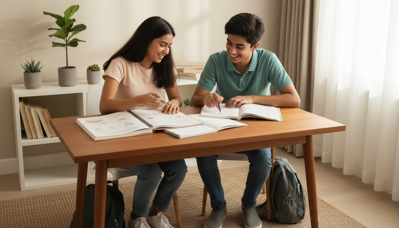 Photo Idea : Two students discussing textbooks at a desk with a notebook open and a pen poised