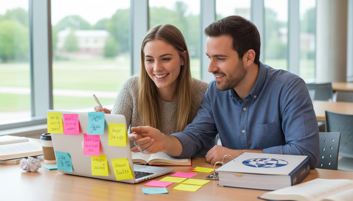 Photo Idea : Student and teacher reviewing an Extended Essay draft together at a laptop with sticky notes