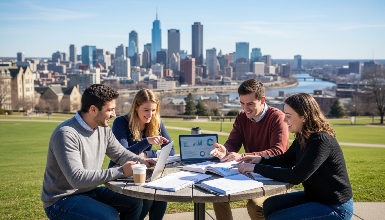 Photo Idea : Students discussing a business case study on campus with city skyline in background