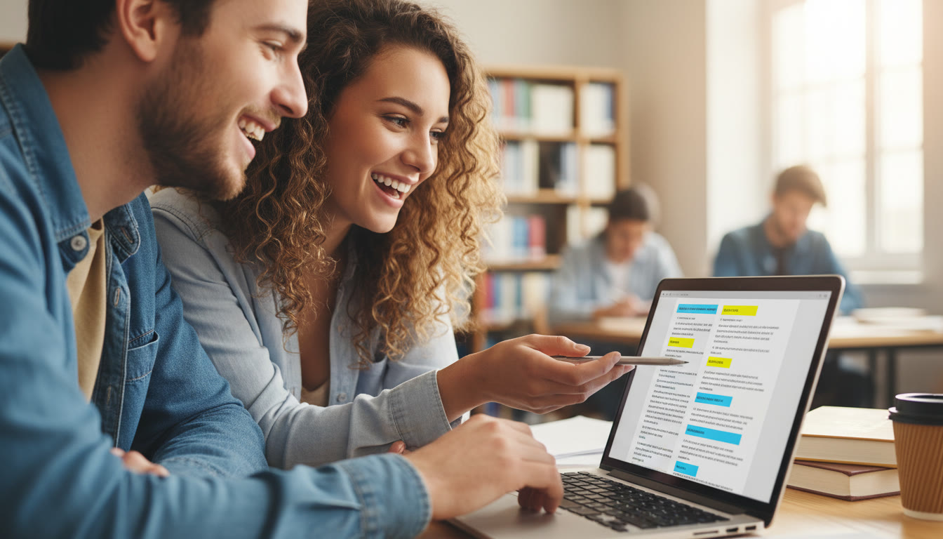 Photo Idea : Close-up of two students discussing a highlighted TOK essay draft on a laptop screen