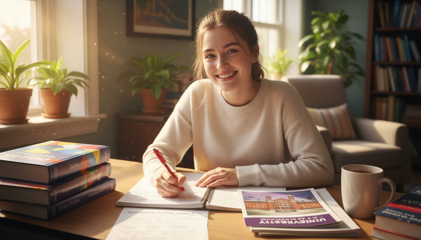 Photo Idea : A student in a sunlit study room, surrounded by IB textbooks, annotating an Extended Essay draft with a Williams College brochure visible nearby