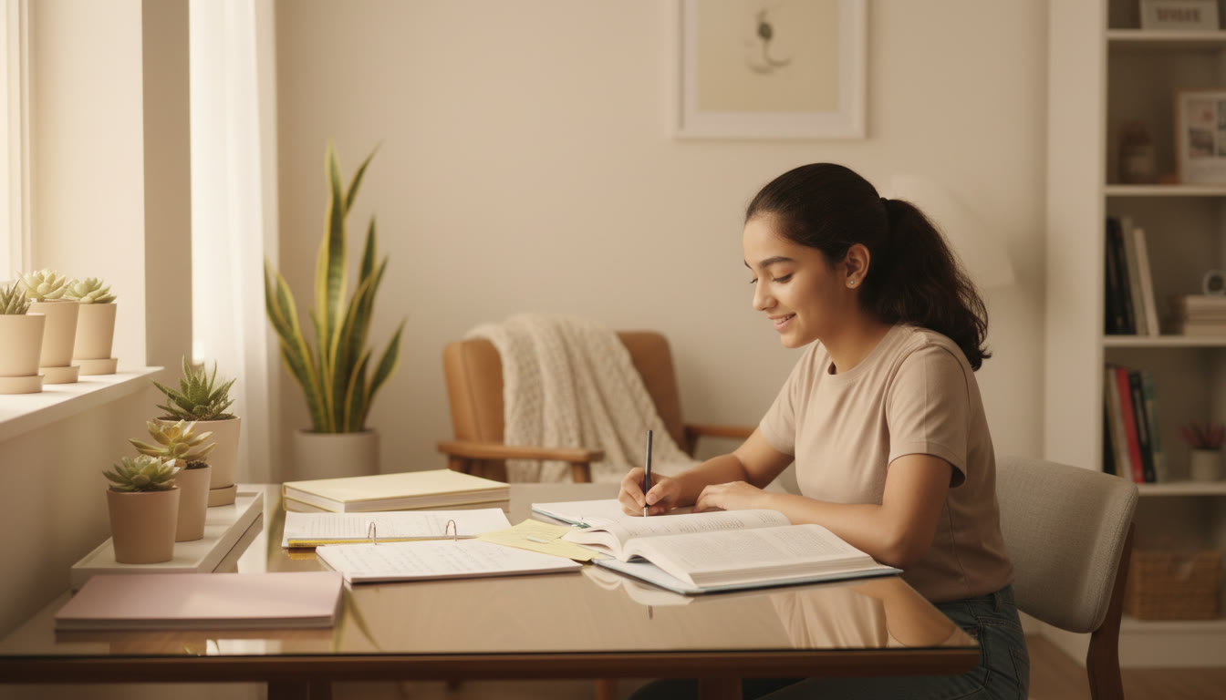 Photo Idea : Student at a study table with textbooks, notes spread out, and a calm, focused expression