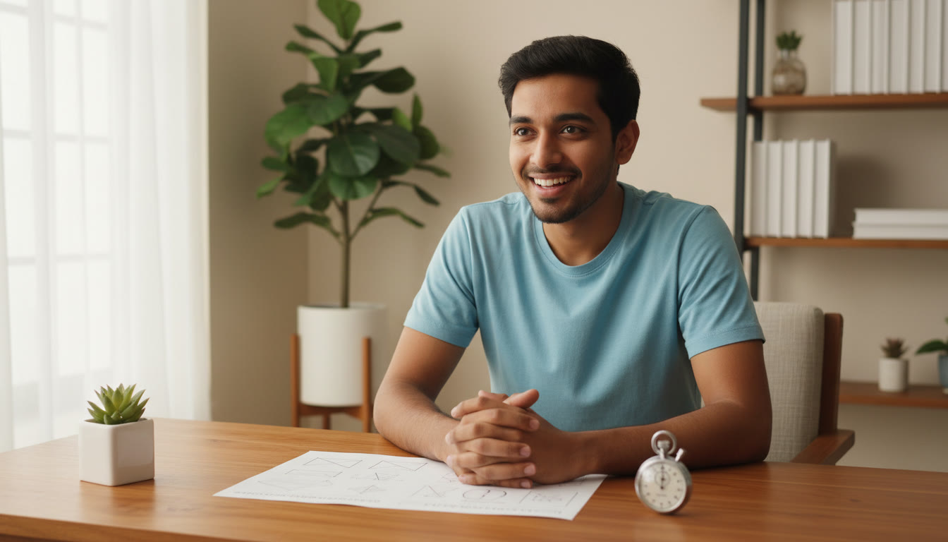 Photo Idea : Student hunched over a desk, mock test paper and stopwatch visible