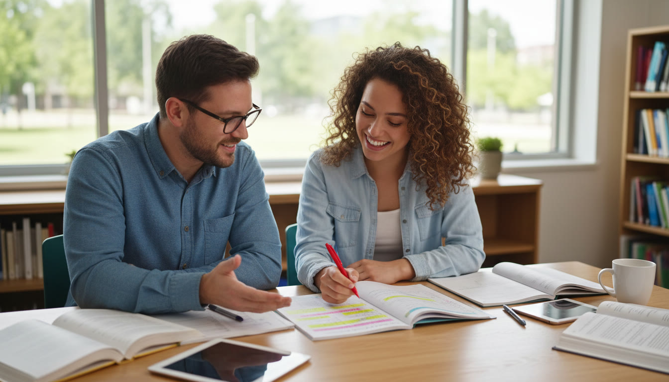 Photo Idea : Student and teacher reviewing a mock exam script together, with highlighted notes