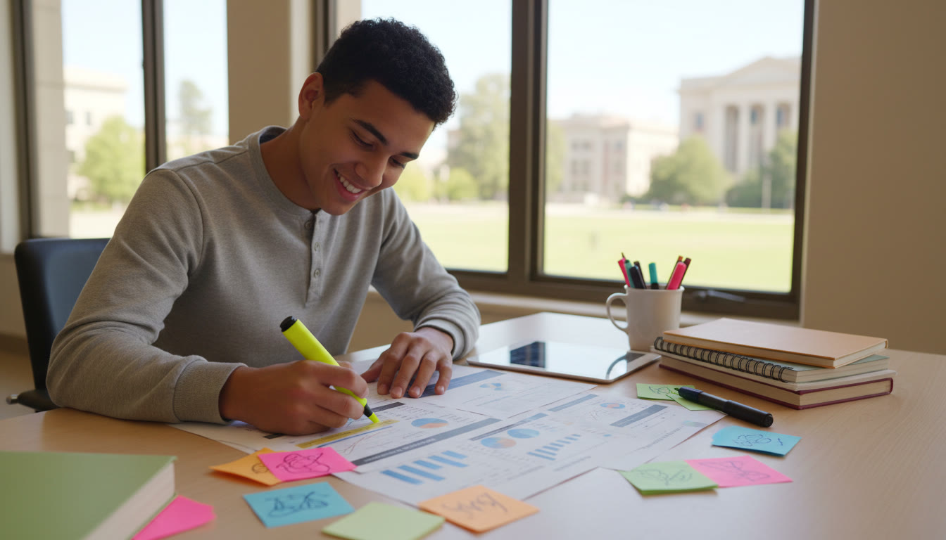 Photo Idea : A student annotating a business case printout at a desk with highlighters and sticky notes