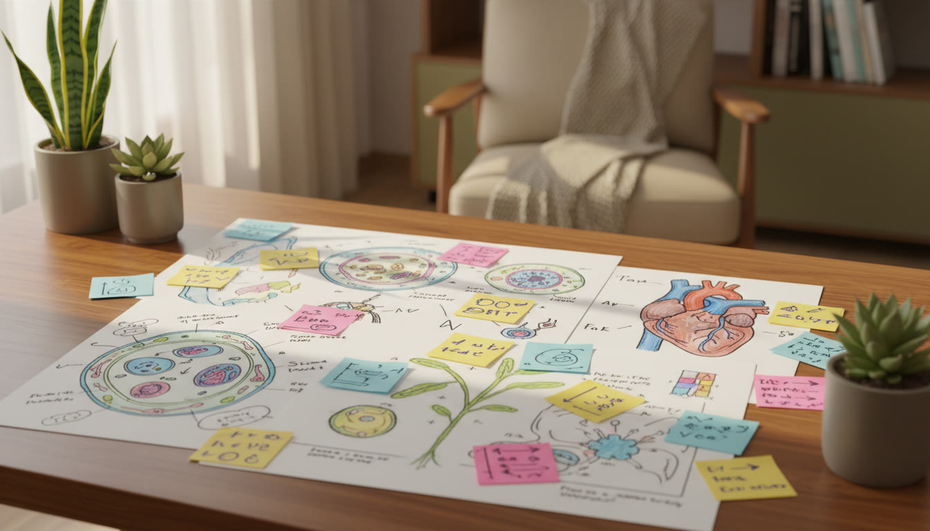 Photo Idea : Close-up of annotated biology diagrams and sticky notes with quick facts