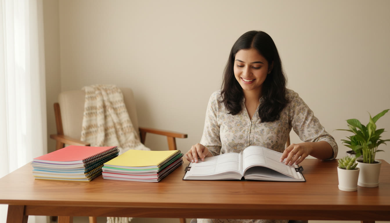 Photo Idea : Student arranging color-coded notebooks and a planner on a study table
