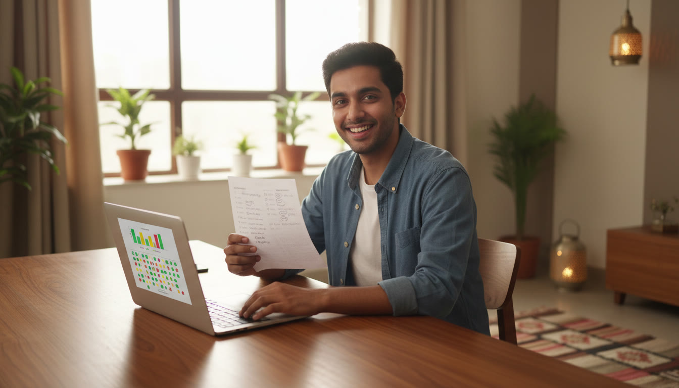 Photo Idea : Student analyzing test paper with a laptop showing performance metrics and a color-coded error log