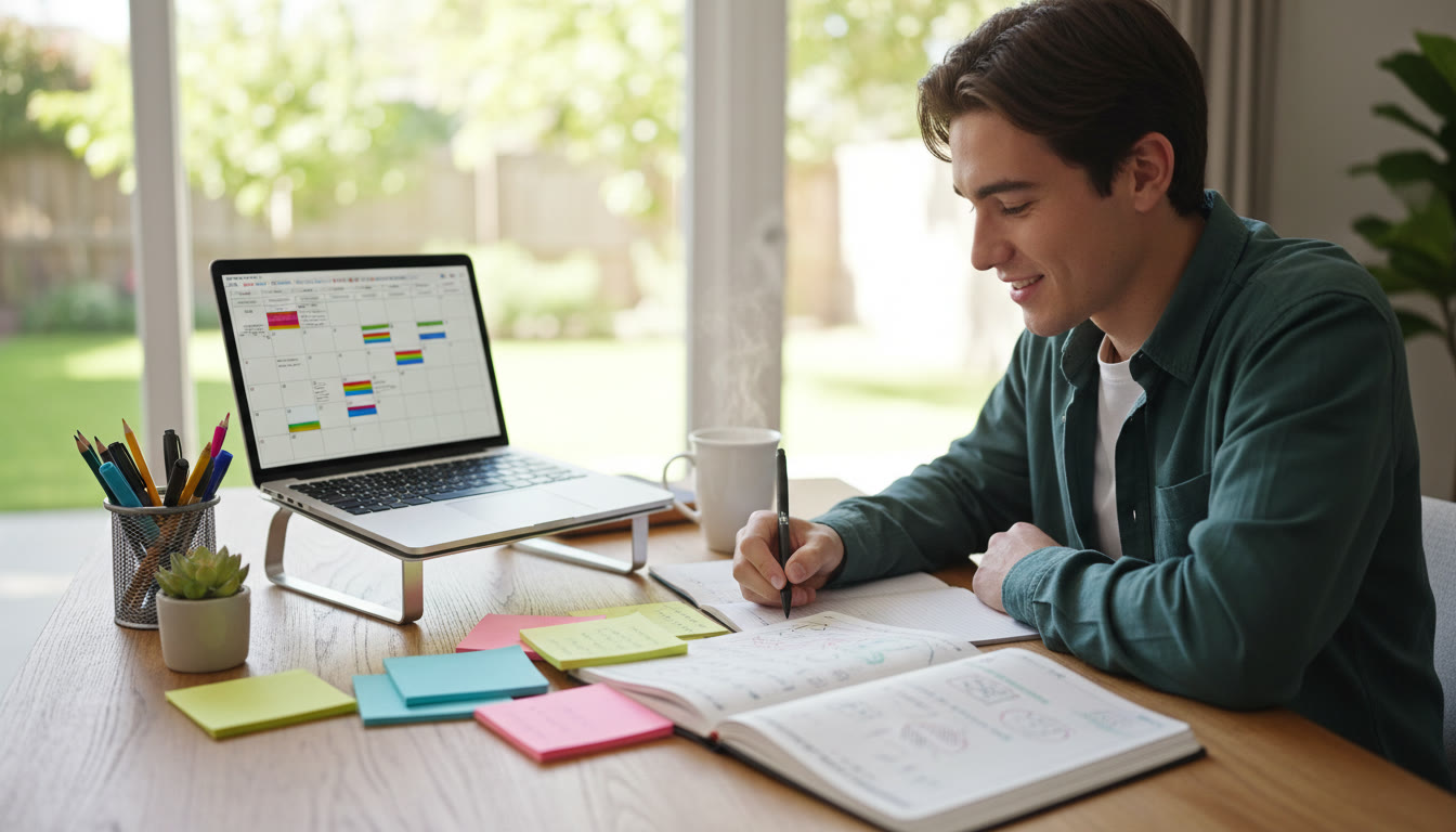 Photo Idea : A focused DP1 student at a desk with colored notes, open planner, and a laptop displaying a study schedule