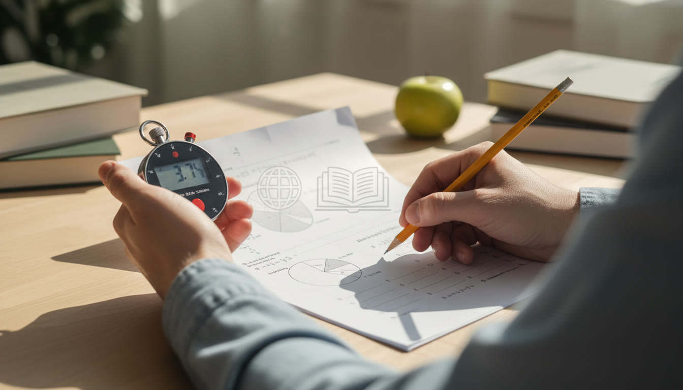 Photo Idea : Close-up of hands timing a pencil on a timed past paper in a quiet study space