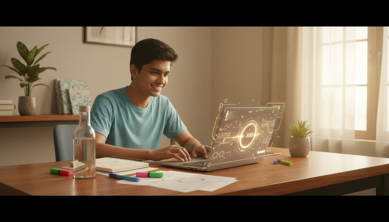 Photo Idea : Student at a desk taking a timed mock test on a laptop, timer visible, scattered notes and a bottle of water