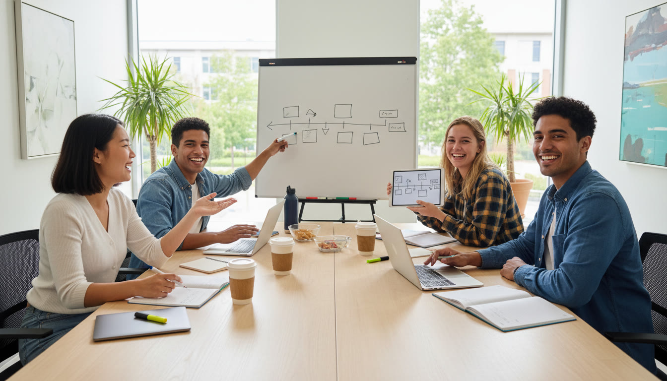 Photo Idea : A small group of students sitting around a table with notebooks and laptops, planning a timeline on a whiteboard
