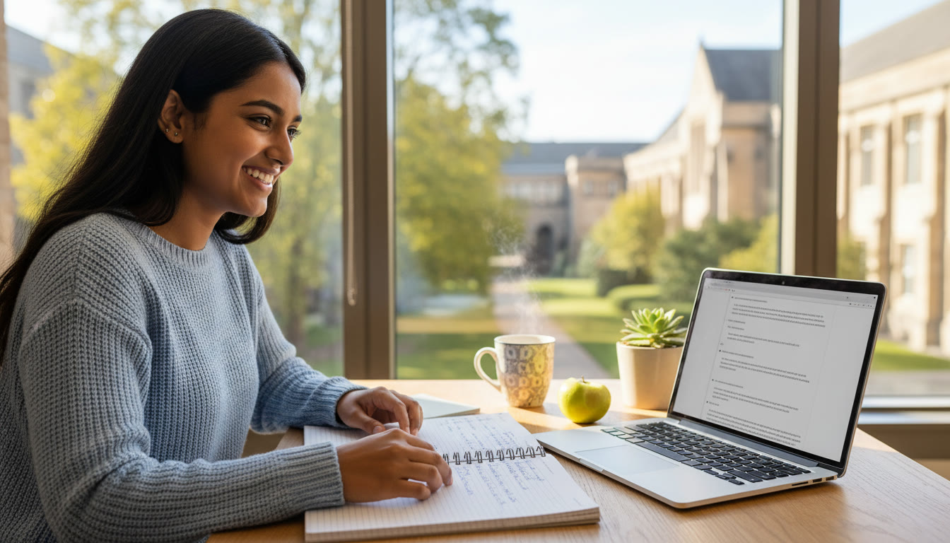 Photo Idea : A student reviewing a handwritten essay with feedback notes in the margin and a laptop showing a sample model paragraph