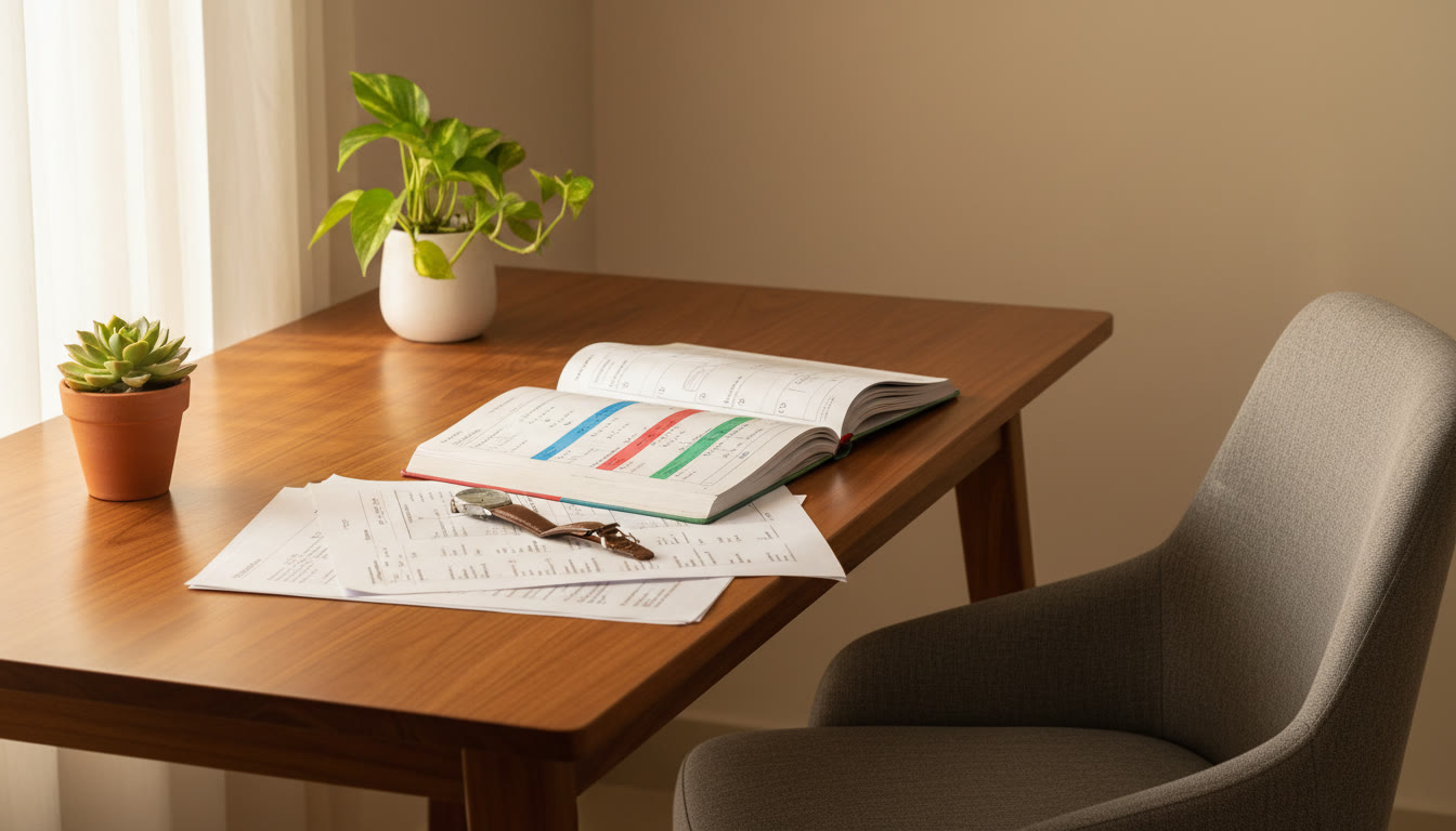 Photo Idea : A neat desk with a printed mock test, a color‑coded error log notebook, and a wristwatch set to mock timing