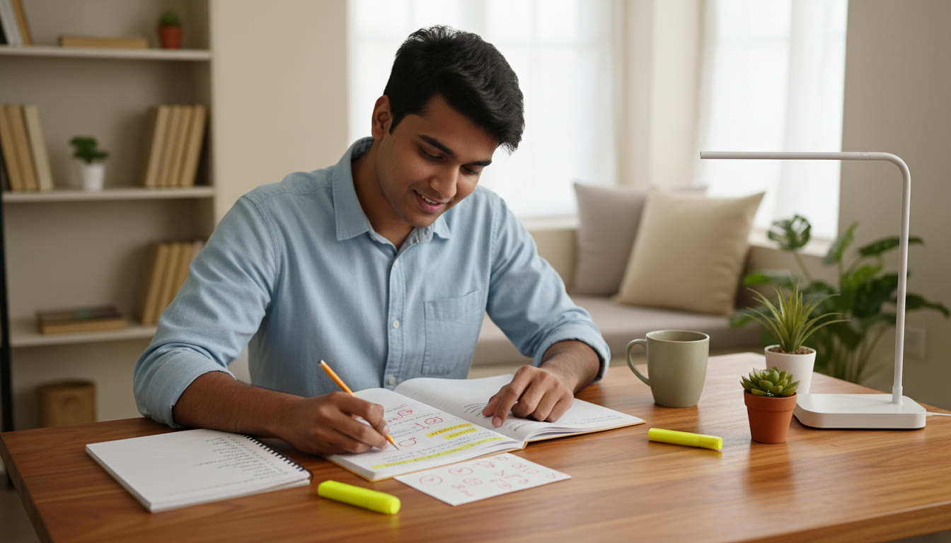 Photo Idea : A student reviewing a handwritten error log with highlighted topics and corrective notes